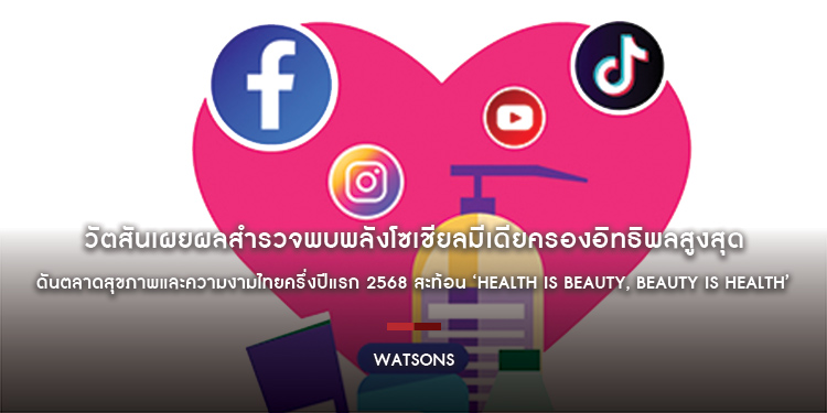 วัตสันเผยผลสำรวจพบพลังโซเชียลมีเดียครองอิทธิพลสูงสุด ดันตลาดสุขภาพและความงามไทยครึ่งปีแรก 2568 สะท้อน ‘Health is Beauty, Beauty is Health’
